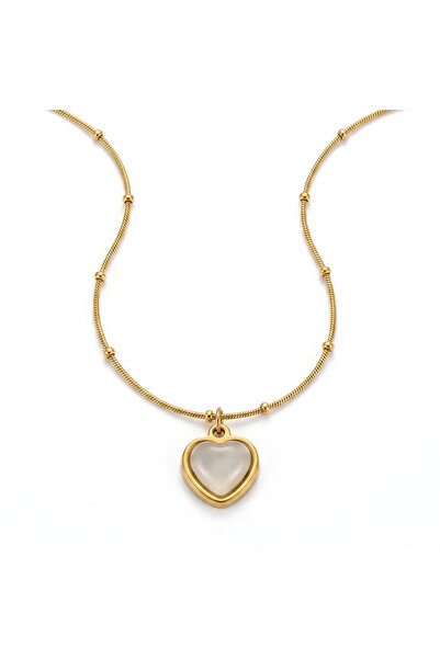 Siya Silver Non-Tarnish Steel White Pearlescent Enameled Heart Necklace