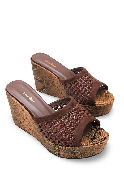 SNİCKER Brown Wedge Heel Straw Patterned Covered Slippers Queen