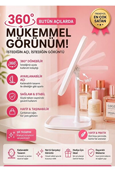 Layrol Led Işıklı Makyaj Aynası 3 Modlu USB Şarjlı Beyaz Dikdörtgen Taşınabilir Açı Ayarlı Güzellik Ayna