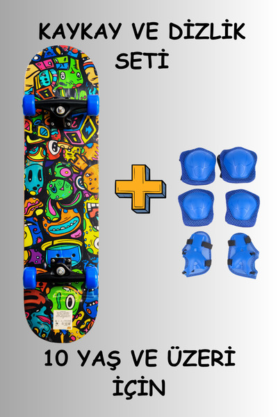 düşler oyuncak dünyası Üstü Zımparalı Ahşap Kaykay 80 cm ve Dizlik Dirseklik ...