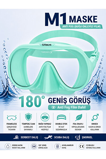MOLYS M1 PROFESYONEL DALIŞ MASKESİ + ANTI FOG (BUĞU ÖNLEYİCİ FİLM) TURKUAZ