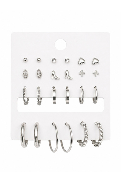 Clariss Brass Silver Color 12 Pairs Women's Earrings Set