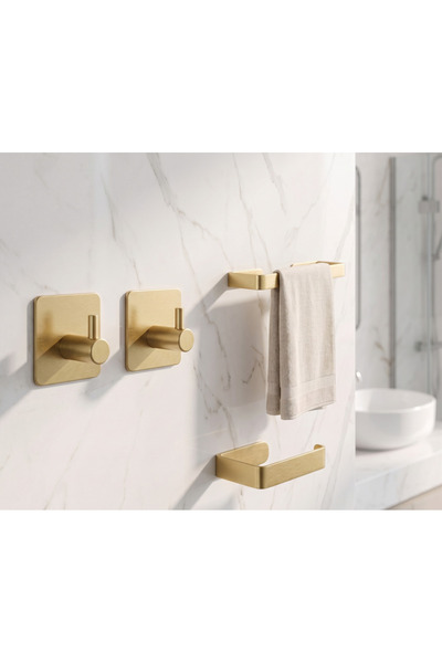 Staal Metalik Gold Banyo Seti – 304 Paslanmaz Çelik, Havlu, WC Kağıt ve Borno...