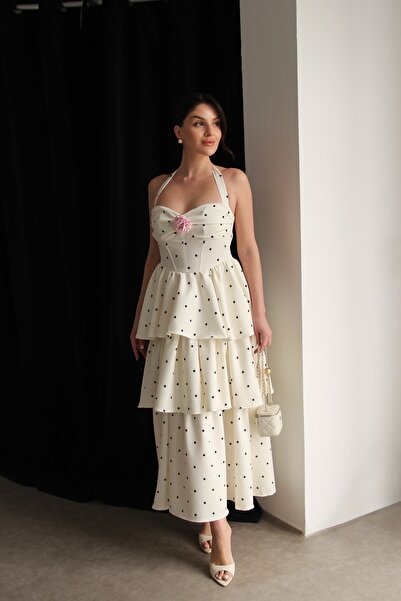 Julidress Φόρεμα Premium με Πουά Σχέδιο και Λεπτομέρειες Τριαντάφυλλου και Κο...