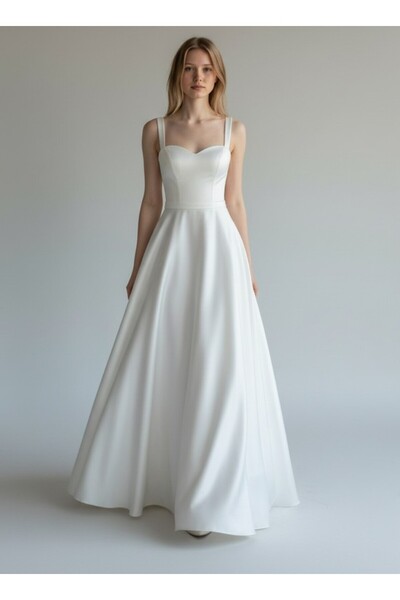 FİYPER Λευκό Σατέν Βραδινό Φόρεμα και Φόρεμα Γάμου Μάξι Μήκους