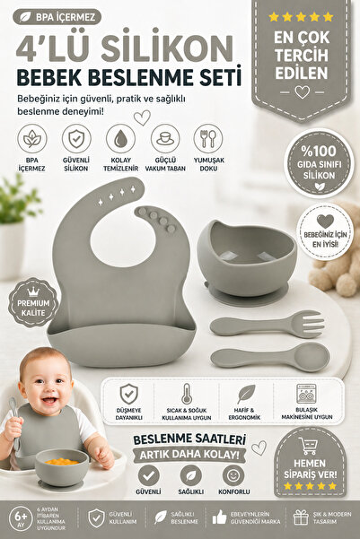 jojobebek Çocuk Silikon Mama Önlüğü, Silikon Vakumlu Kase, Silikon Kaşık Ve Ç...