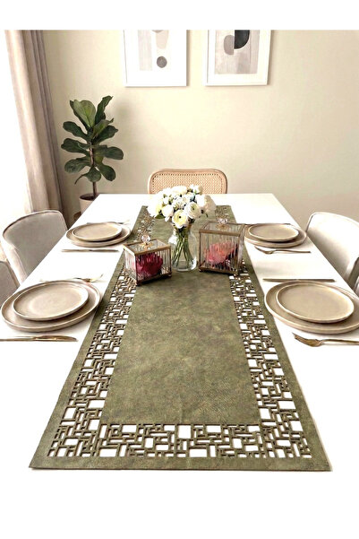 Ergüven Home Yeşil Süet Kumaş Runner 40x140 Cm Masa Boyu -geometrik Dörtgen D...
