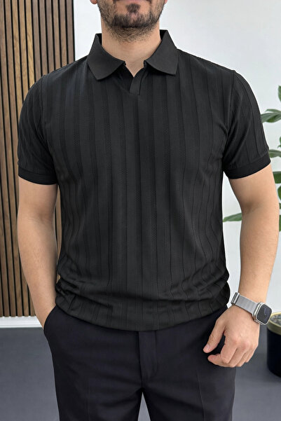 Edwox Tricou cu guler deschis pentru bărbați, cu model, negru Edw453