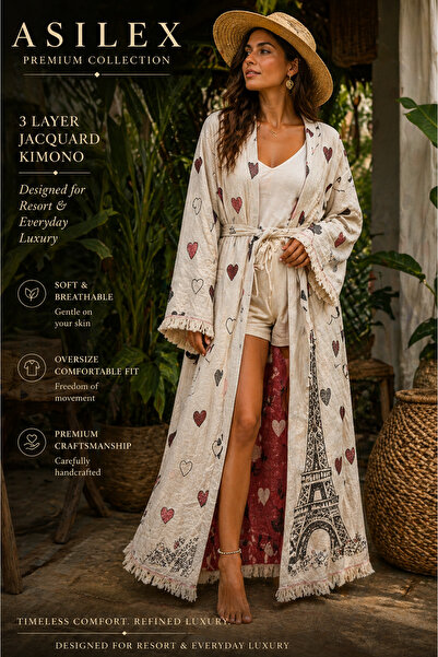 Asilex Home Collection Κιμονό ζακάρ 3 στρώσεων – Γυναικείο κιμονό με σχέδιο Π...