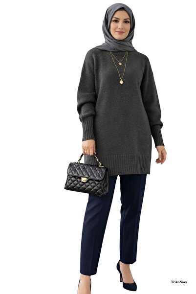 TrikoNova Antrasit Bisiklet Yaka Oversize Triko Tunik