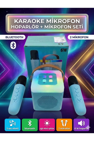 çınaroğlu avm 2 Mikrofonlu Karaoke Bluetooth Hoparlör Rgb Led Işıklı 5 Efektl...