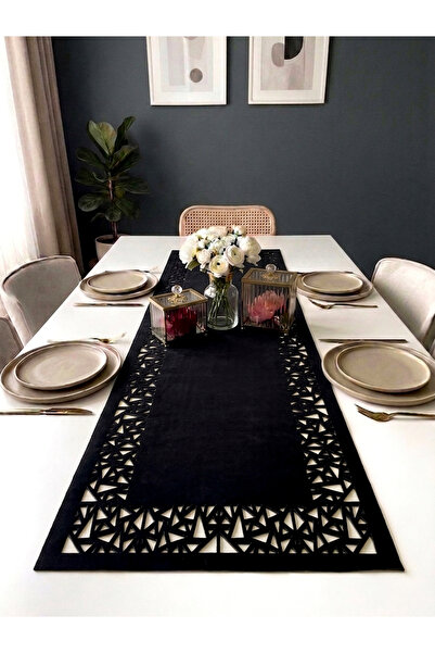 Ergüven Home Μαύρο Βελούδινο Υφασμάτινο Runner Γεωμετρικό Σχέδιο Ορθογώνιο Μή...