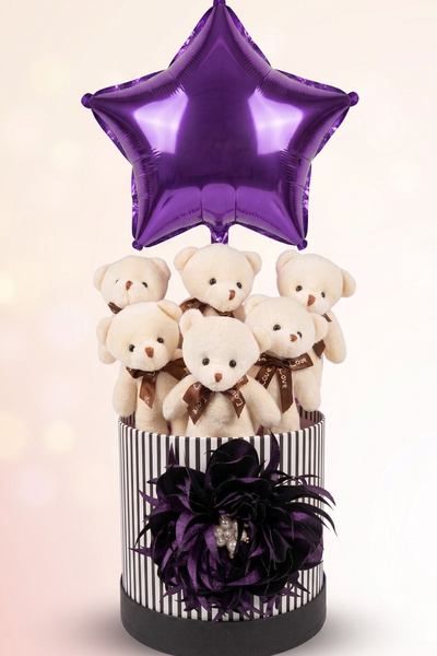 Livra Gift Mor Konsept Yıldız Balonlu ve Peluş Ayıcık Buketi Premium Hediye K...