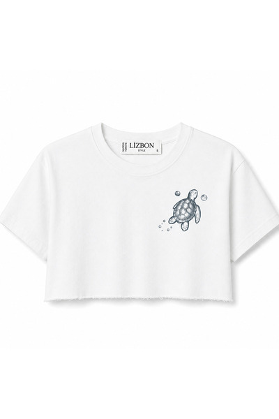 Lizbon Style Tricou crop cu imprimeu Turtle Turtle pentru femei, cu croială b...