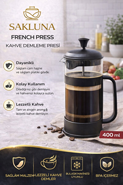 SAKLUNA Barista Tip French Press 400 ml | Bitki Çayı ve Kahve Demleyici