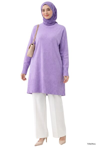 TrikoNova LİLA Bisiklet Yaka Oversize Triko Tunik