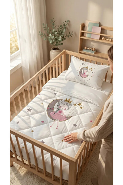 Talia Home Beyaz Ay'da Oturan Kız Desenli Bebek Beşik Uyku Seti TLABG-085