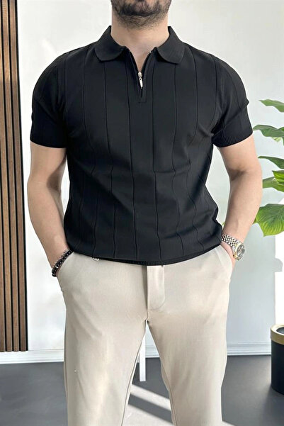 Edwox Ανδρικό μπλουζάκι με μισό φερμουάρ Polo Neck Μαύρο Edw257