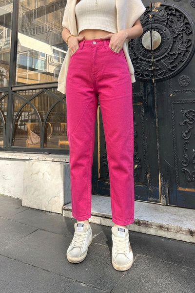 KOTOLOG Γυναικείο παντελόνι Boyfriend φούξια με ψηλή μέση Mom Jean