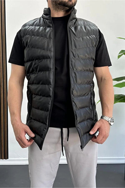 Edwox Μαύρο ανδρικό γιλέκο από συνθετικό δέρμα Slim Fit - Edw088 με φερμουάρ