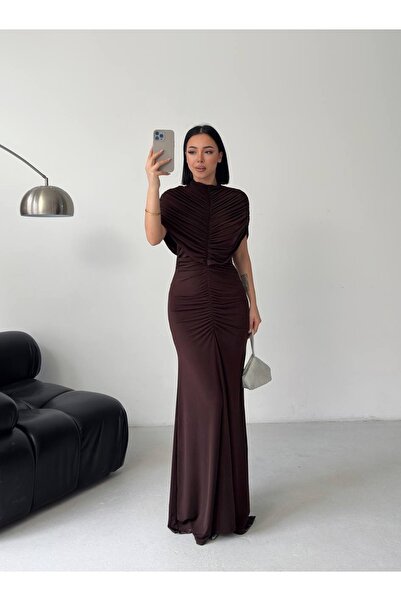 maf collection Γυναικείο καφέ φόρεμα με λαιμόκοψη halter, με άμμο, μάξι μήκου...