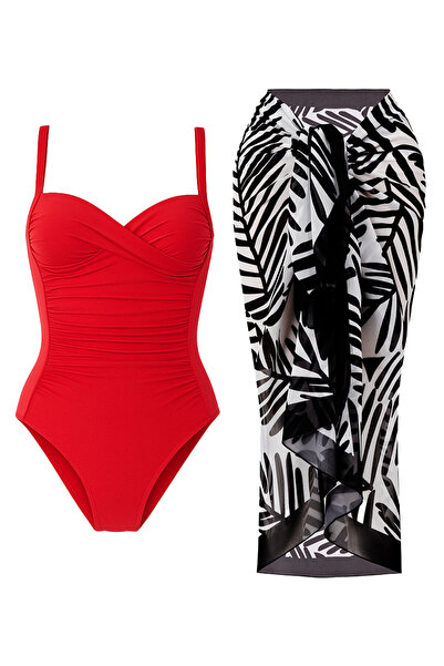 CUPSEA Γυναικείο κόκκινο μαγιό με ντραπέ μαύρο μοτίβο Pareo σετ 2 κομψών και ...