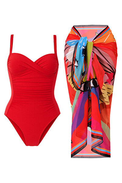 CUPSEA Γυναικείο κόκκινο μαγιό με ντραπέ με μοτίβο ουράνιο τόξο, πολύχρωμο σε...