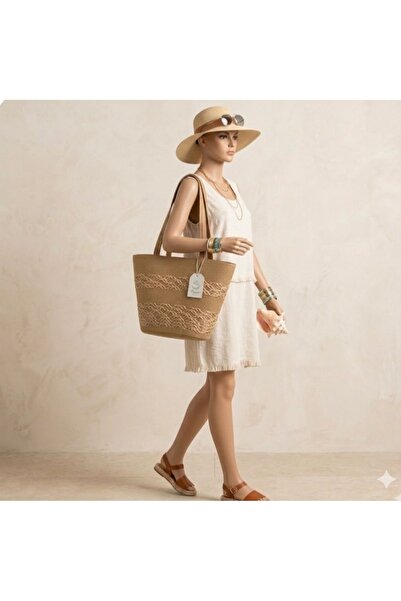 aseh shop Γυναικεία ψάθινη τσάντα μάξι με λουράκι ώμου και επένδυση με φερμουάρ