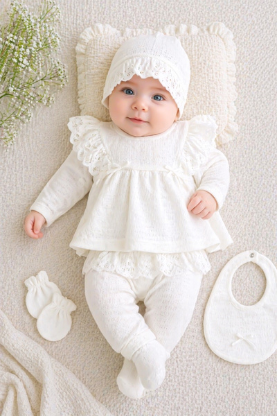 Sitilin Kız Bebek Natural Pamuk Kumaş 5 Li Fistolu Lüks Süslü Hastane Çıkışı ...