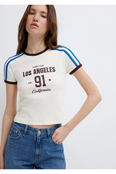 Mavi Los Angeles Printed Ecru T-Shirt Fitted / Bodycon Cut 1613914-80194
