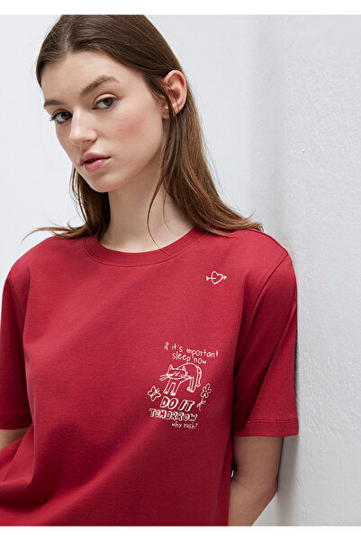 Mavi Rotes T-Shirt mit Katzen-Print, normale Passform 1613875-70391