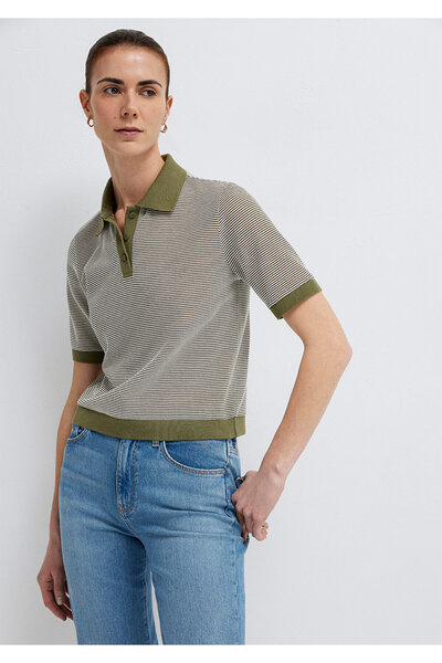 Mavi M1614310 Ριγέ μπλουζάκι πόλο γιακά Γυναικείο T-Shirt ΧΑΚΙ