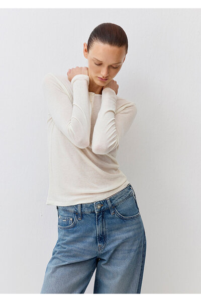 Mavi Langarm-T-Shirt aus Wollmischung mit Knopfdetail in Ecru, Slim Fit / sch...