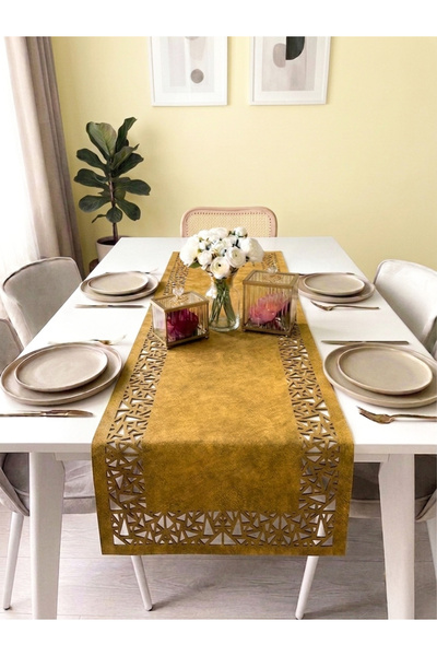 Ergüven Home Mustard Yellow Suede Fabric Runner 40X140 cm Table Length - Geometric Triangle Pattern