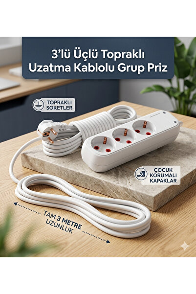 Genel Markalar Grup 3'lü Ara Kablo Topraklı Üçlü Priz (3 METRE)
