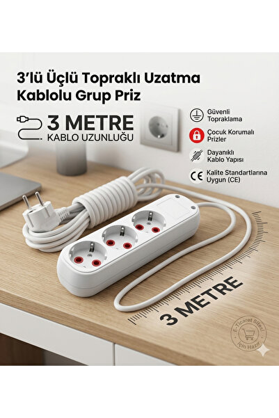 Genel Markalar Grup 3'lü Ara Kablo Topraklı Üçlü Priz (3 METRE)