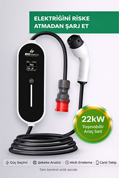 BIGstation 22kW Taşınabilir Akıllı EV AC Şarj Cihazı Wi-Fi Destekli 3 Metre Kablolu 22 kW