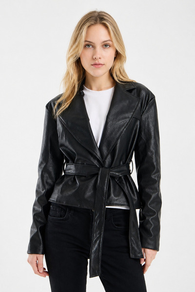 İLKCET MODA Μαύρο κοντό γυναικείο μπουφάν Τεχνητό δέρμα χωρίς φερμουάρ με ζώνη