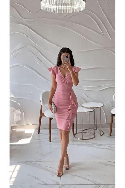 Modafeminen Βολάν Λεπτομερές κοντό μίντι βραδινό φόρεμα 581980 Πούδρα