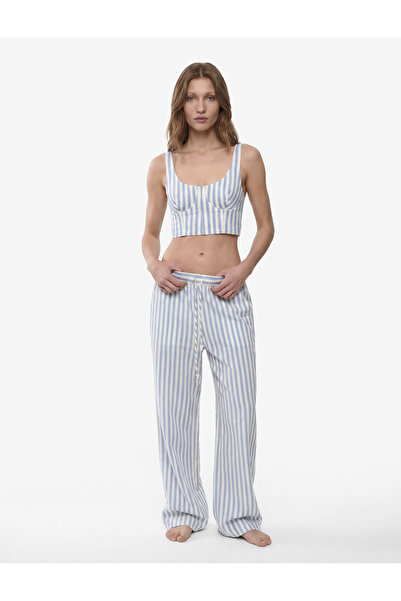 Koton Keten Karışımlı Slim Fit U Yaka Askılı Çizgili Crop Büstiyer