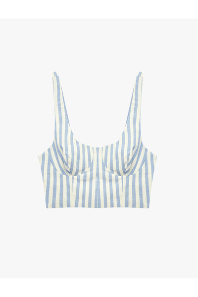 Koton Keten Karışımlı Slim Fit U Yaka Askılı Çizgili Crop Büstiyer
