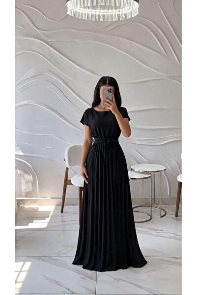 Modafeminen Μαύρο φόρεμα μάξι με ζώνη Με πιέτες 582931