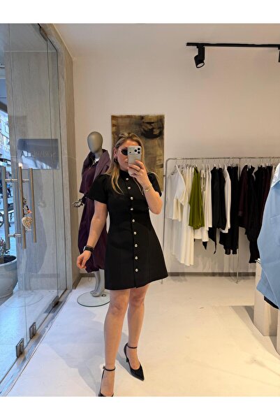 Serpirella Butik Κοντό φόρεμα με μανίκια μπαλόνι και χρυσά κουμπιά