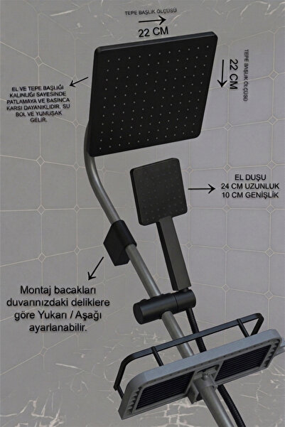 tesitay Robot Duş Seti ve Geniş Şampuanlığı Siyah Antrasit gri
