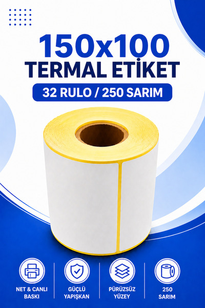 Küresel Etiket Barkod 150x100mm Termal Etiket | 32 Rulo | 250 Sarım | Ribonsu...