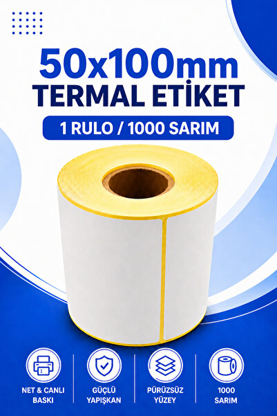 Küresel Etiket Barkod 50x100mm Termal Etiket | 1 Rulo | 1000 Sarım | Ribonsuz...