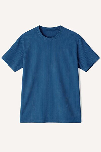 VAMOSCLO Fitilli Oversize Tişört İndigo