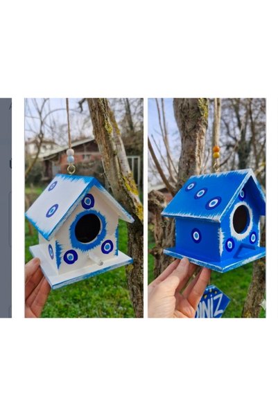Home 2Pcs Small Wooden Bird House, for Garden Balcony Decor, Blue White Bird Nest