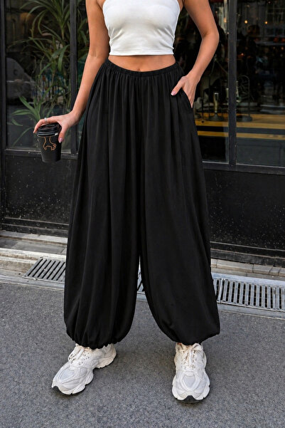 İLKCET MODA Sandy Fabric Black Lace-Up Shalwar Trousers