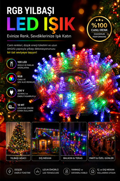 nextbuy 10 MT RGB Led Işık Aydınlatma Yılbaşı Çam Ağacı Süsleme 100 Ampul 8 M...